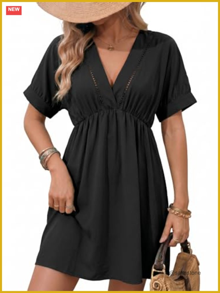 Swimsuit Cover Up V-Neck Hollow Out Short Sleeve Beach Dress